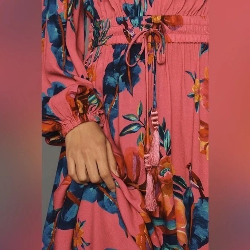 Farm Rio V-Neck Long Sleeve Floral Midi Dress Boho Tropical Pink Sz L B39 - Picture 4 of 15